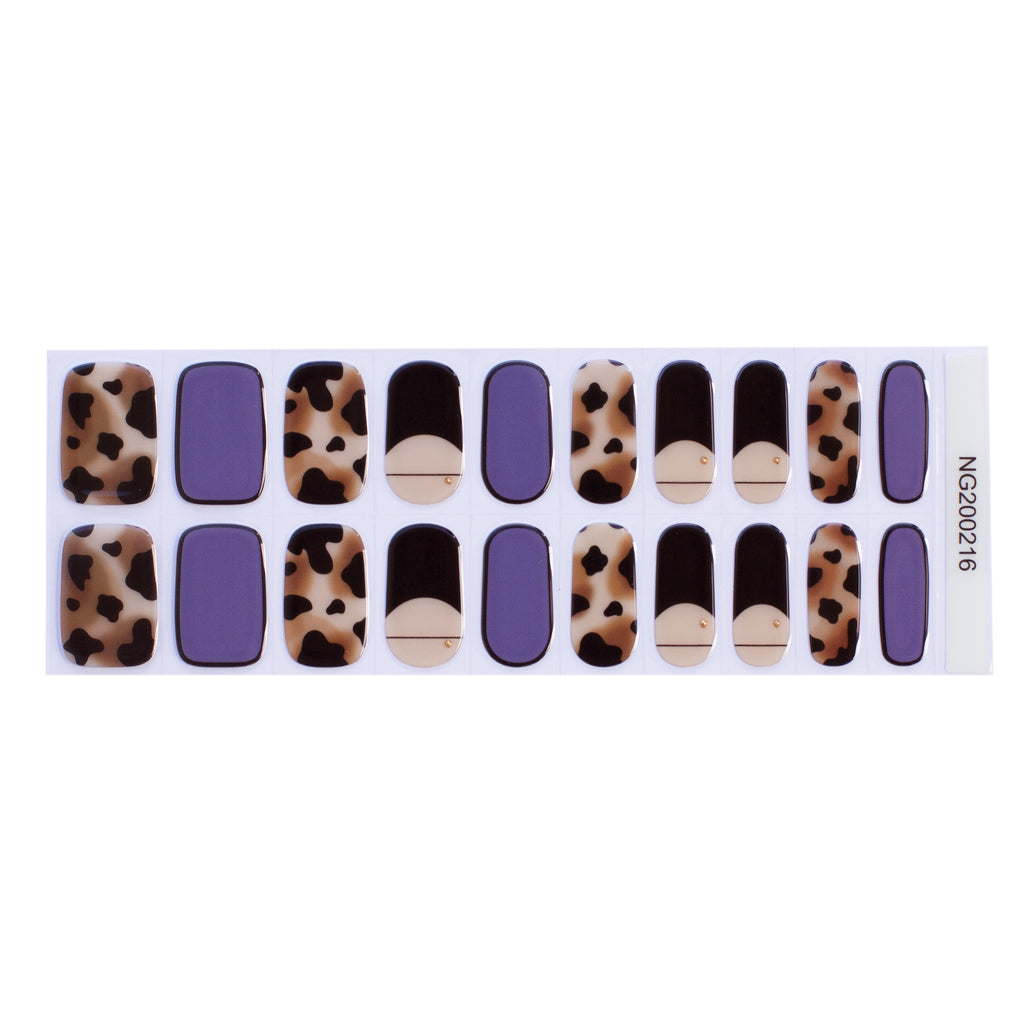 Moo-La-La Gel Nail Wraps featuring cow print, French tips, and a purple accent nail, displayed against a white background.