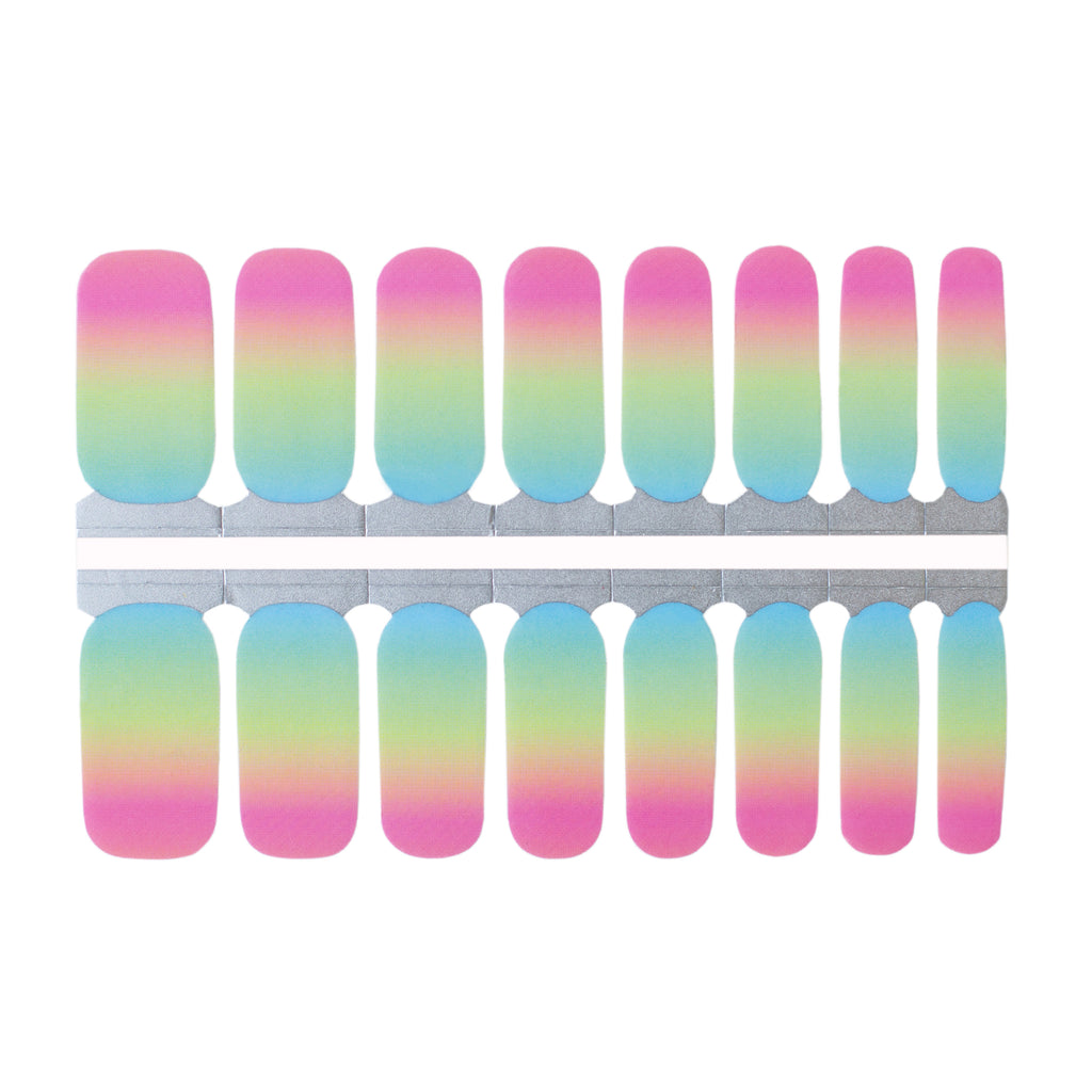 Pastel Ombre nail wrap featuring a gradient of pastel blue, green, yellow, and pink against a clean white background, showcasing the dreamy and whimsical design