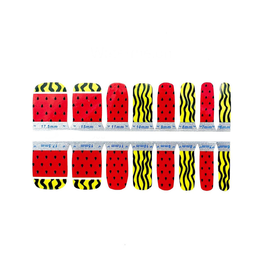 Watermelon Nail Wraps for Toes - a set of playful and vibrant nail wraps featuring bold watermelon graphics on a bright red background with accents of green, showcased on toes against a white background.
