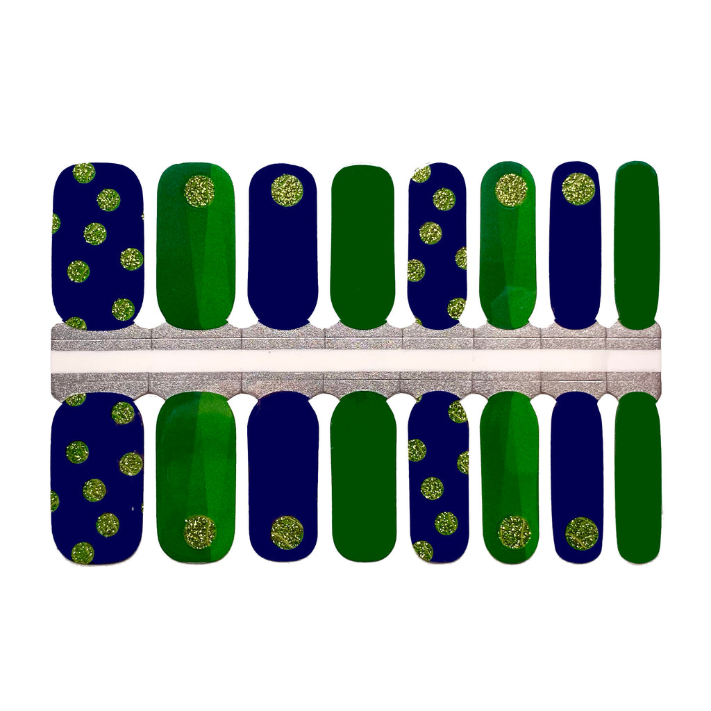 A set of Pickleball Central nail wraps with a dark blue and green theme, featuring glittery pickleball graphics against a clean white background, perfect for showcasing passion for the sport in a stylish way.