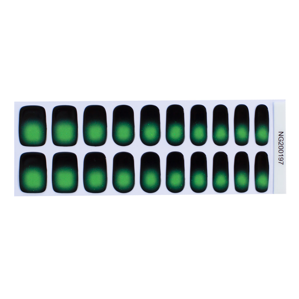 Mystic Aura gel nail stickers displayed against a white background, featuring black edges and a radiant green center for a captivating aura effect