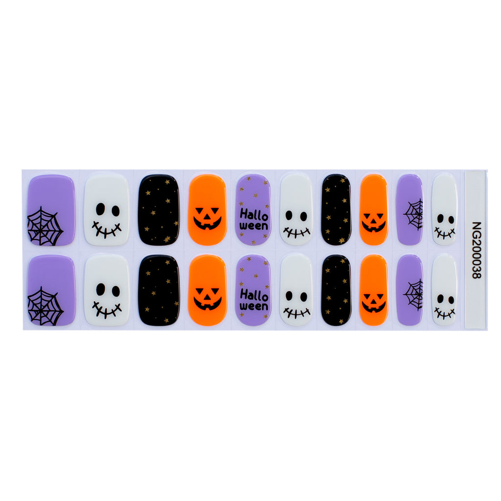 Spooky Spectacle gel nail wraps displayed against a white background, showcasing Halloween characters such as Jack-o-lanterns, ghosts, and spiderwebs for the ultimate Halloween nail look.