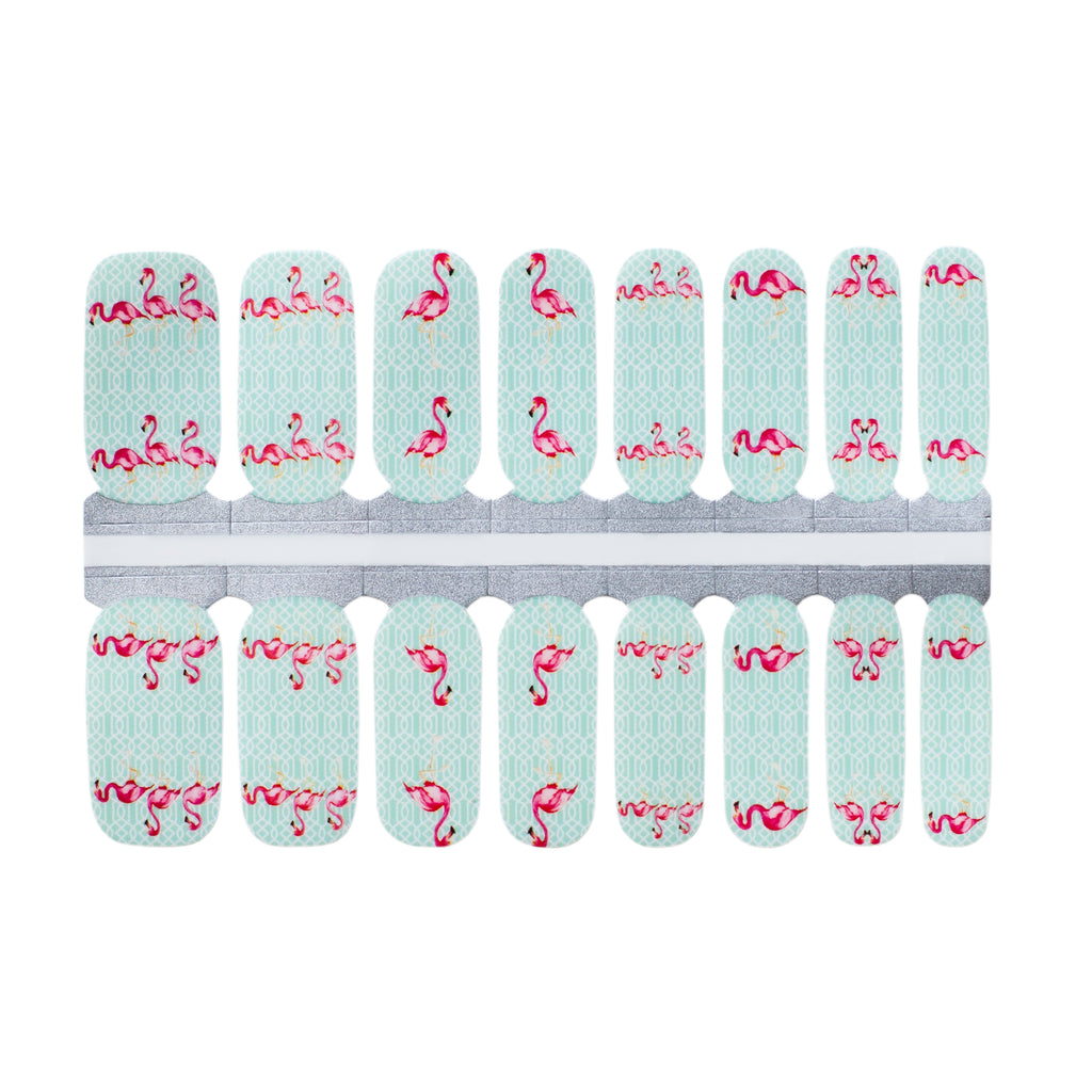 Teal-based nail wrap with pink flamingo graphics from Nails Mailed, showcased against a clean white background.