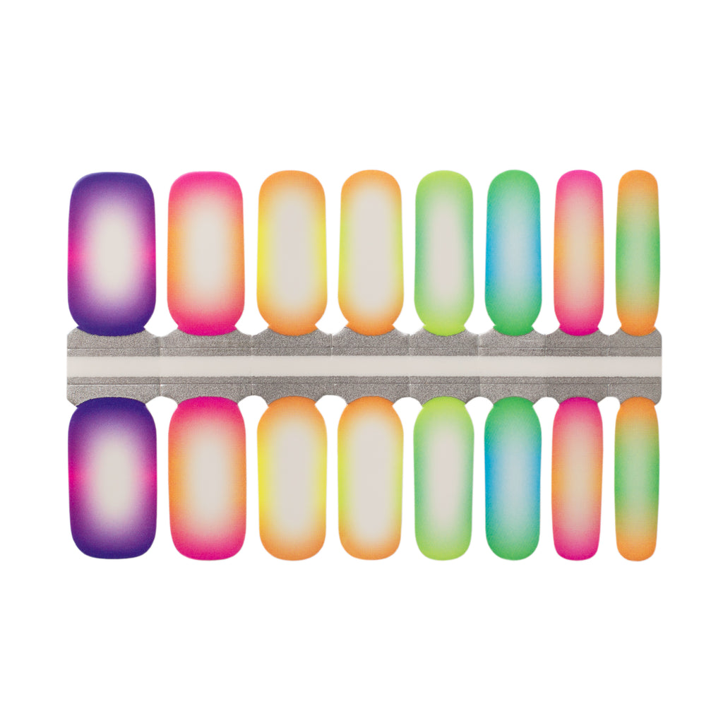 Image of Rainbow Rim - Multicolor Edge Nail Wraps showing off their vibrant edge colors including purple, pink, yellow, orange, green, and blue, contrasting against a clean white base for a fun, modern look