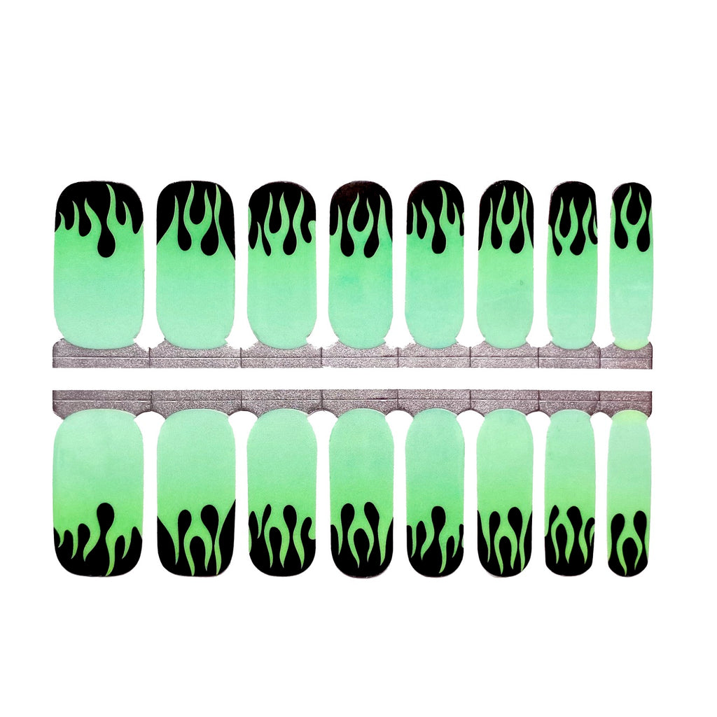 Image of Slimed nail wraps featuring a captivating design of green and black flames against a white background, ideal for Halloween nails, showcasing a bold and mesmerizing nail art style.