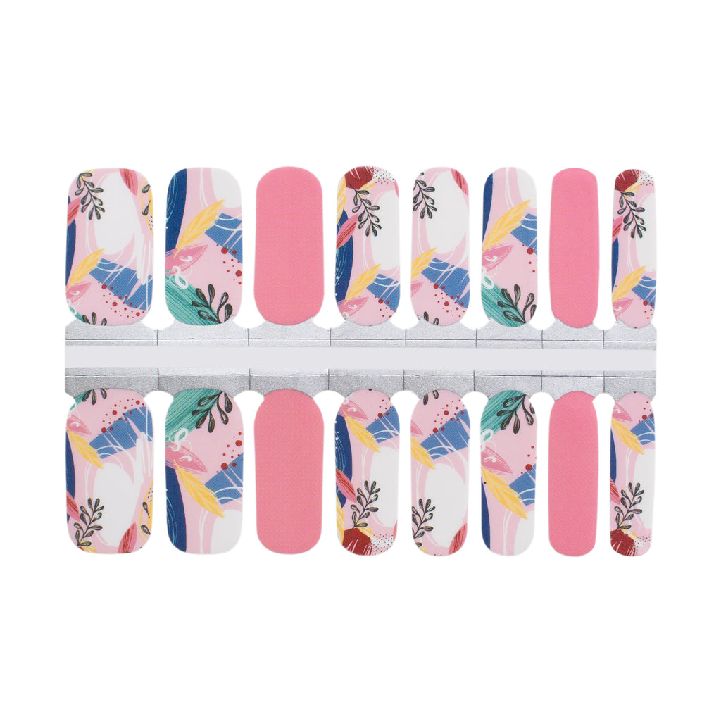 A photo of Colorful Floral nail wraps on a white background. The nail wraps feature a playful pink base with vibrant flowers in various shades of pink, blue, and yellow. The wraps are rectangular in shape and are lined up next to each other in the photo. The edges of the wraps are slightly curved to fit the shape of a fingernail. The photo is well-lit, and the white background provides a clean and simple backdrop for the product.