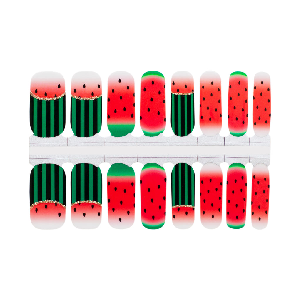 Watermelon Nail Wraps - a set of playful and vibrant nail wraps featuring bold watermelon graphics on a bright red background with accents of green, against a white background.