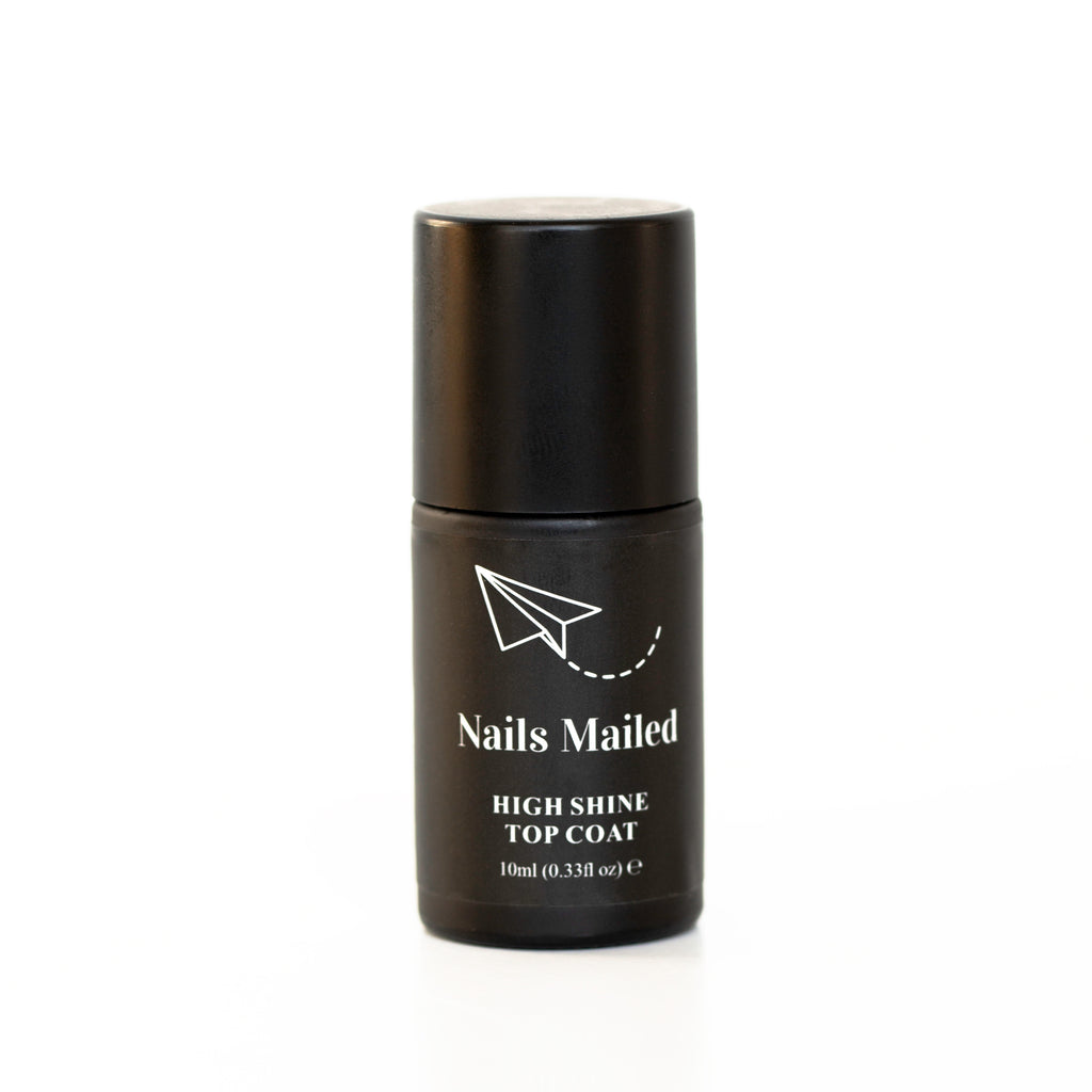 A sleek bottle of gel top coat displayed against a clean white background, showcasing the product's promise of a high-shine, long-lasting finish for at-home manicures.