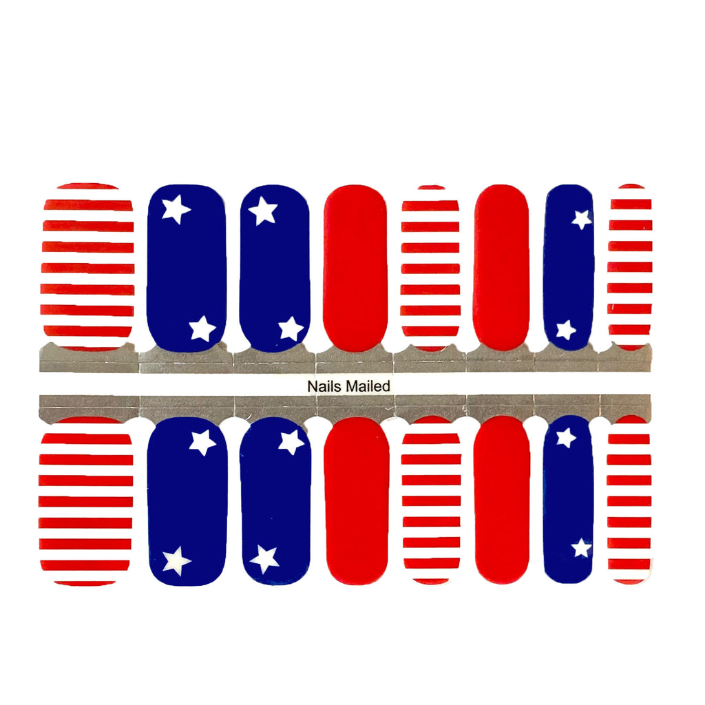 "USA Nail Wraps" featuring minimalist aspects of the American flag, with red, white, and blue color scheme. The nail wraps are shown on a white background with a glossy finish.