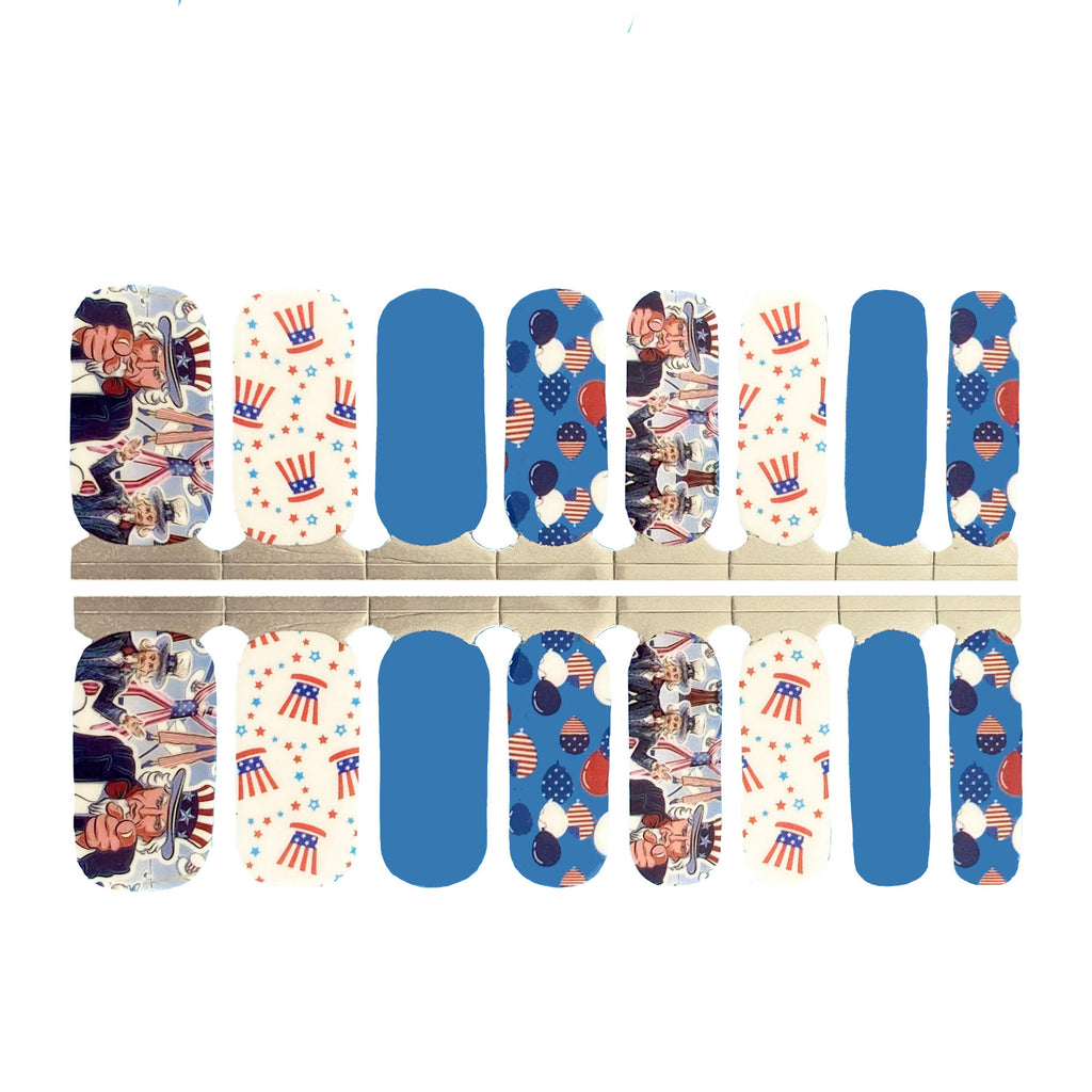 Photo of a set of 4th of July themed nail wraps displayed on a white background. The nail wraps feature a blue base and are adorned with American symbols such as Uncle Sam graphics, American flags, and balloons. The packaging of the nail wraps can be seen in the background