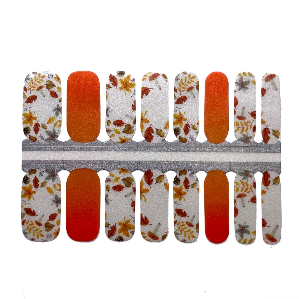 Shimmery white Autumn Acorn nail wraps featuring intricate leaf graphics and vibrant orange accent nails, perfect for DIY fall nails. - NailsMailed