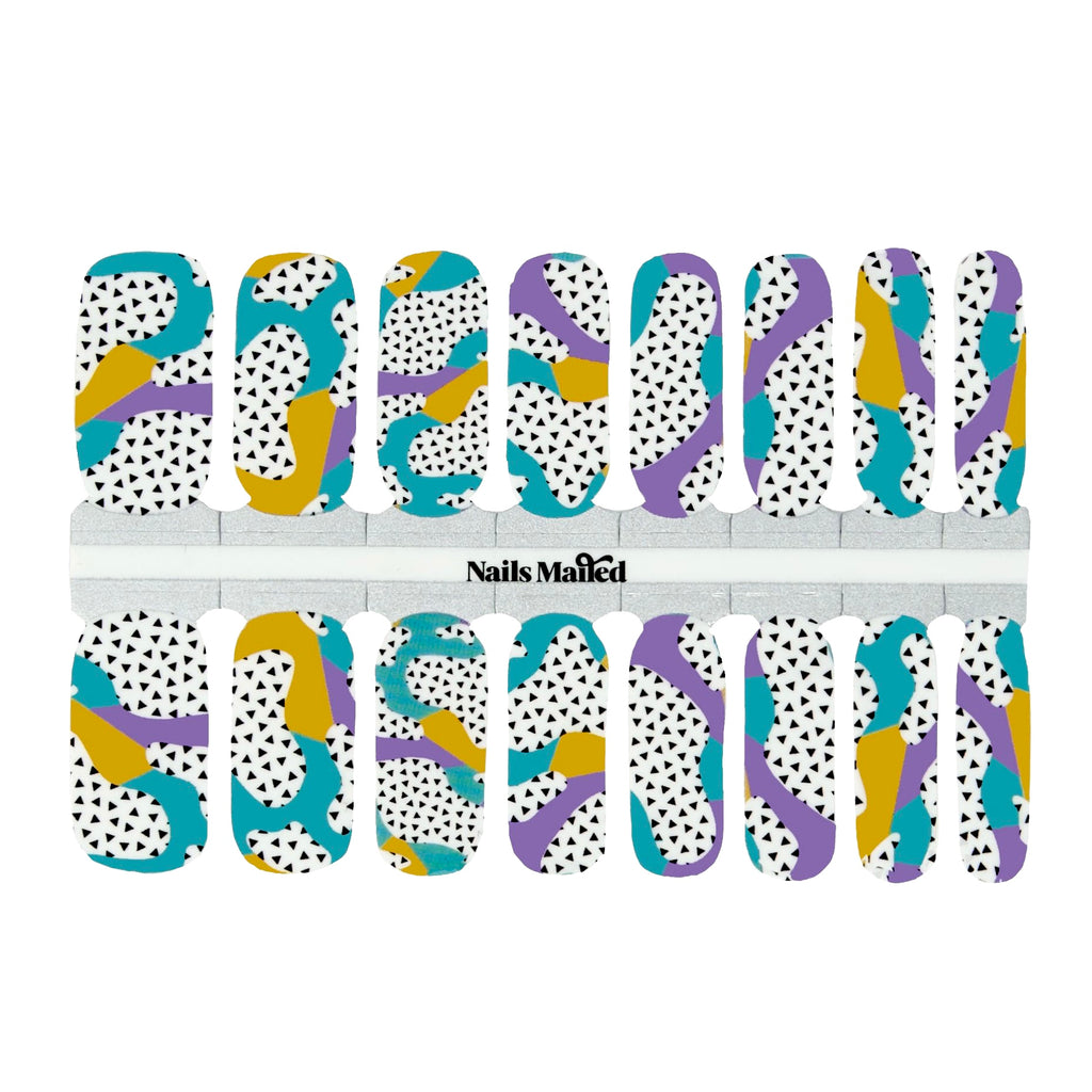 "Funk" nail wraps with a white base and funky purple, teal, and yellow abstract patterns on it, showcased against a white background.
