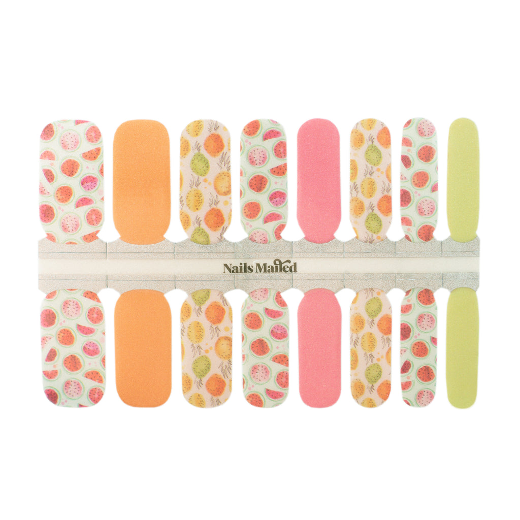 Smoothie Operator Nail Wraps - a set of playful and vibrant nail wraps featuring cute watermelon and mango graphics on a soft pink, soft orange, and soft green base with a subtle shimmer finish, against a white background.