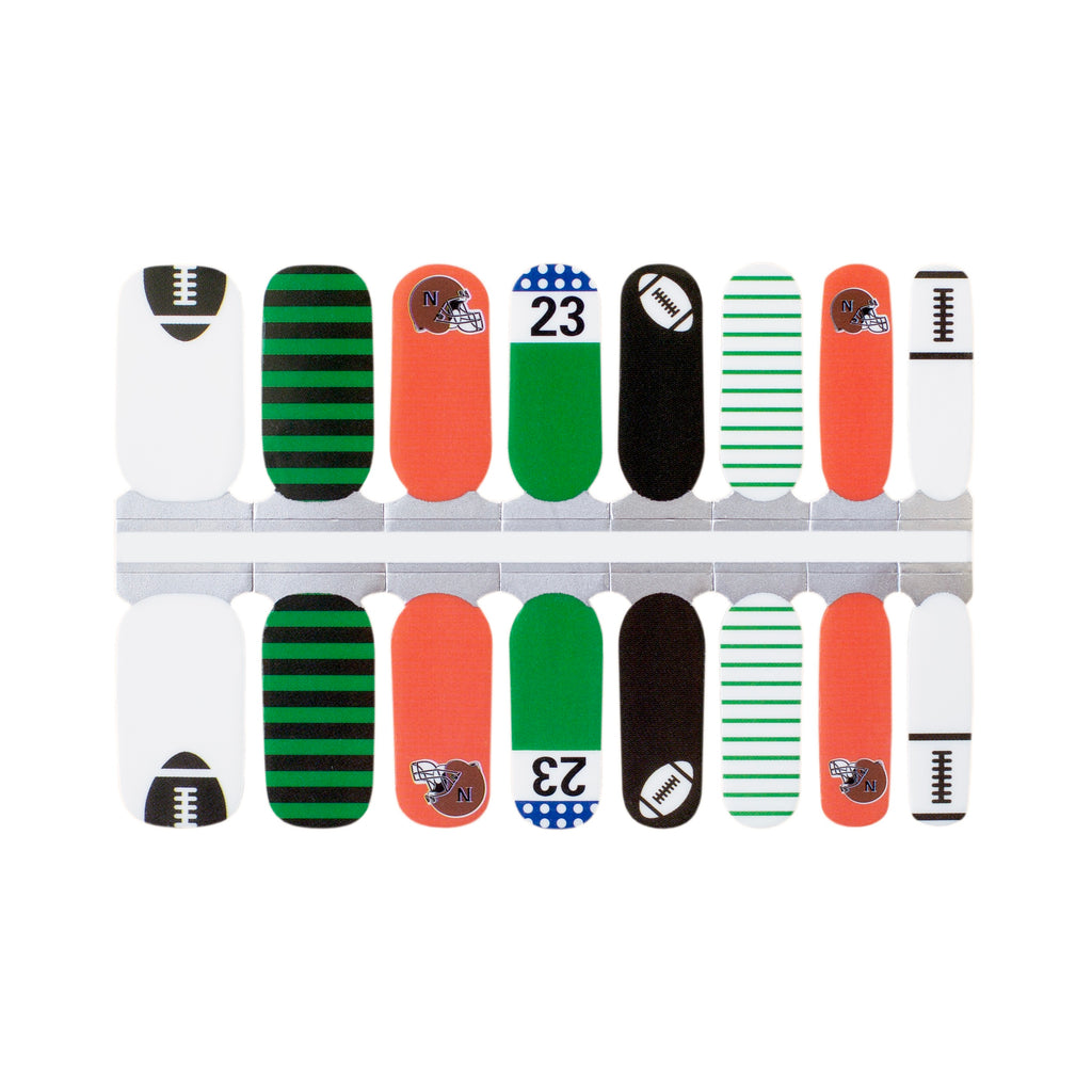 A set of football-themed nail wraps featuring brown, green, and orange colors with football imagery and bold stripes, displayed against a crisp white background, perfect for the ultimate football mom.